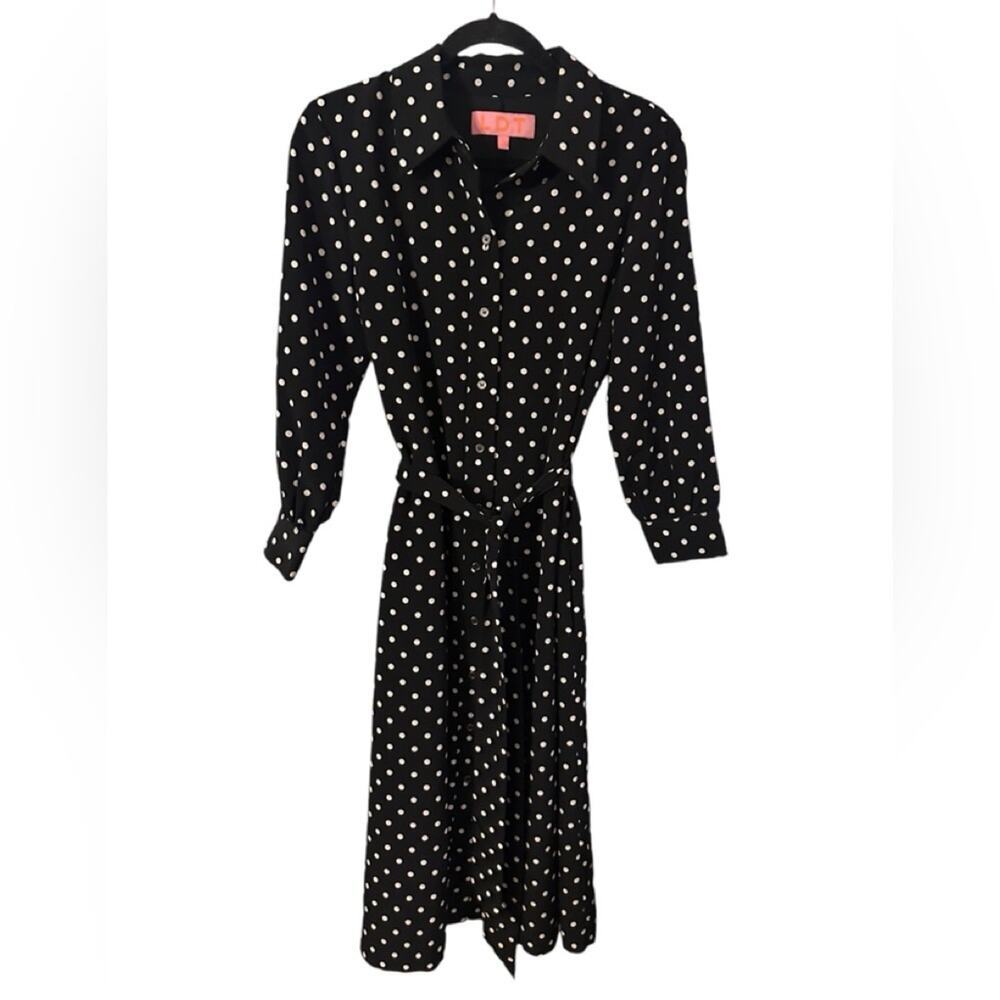 LDT Adrienne Polka Dot Black and White‎ Belted Button Up Midi Dress Size 8